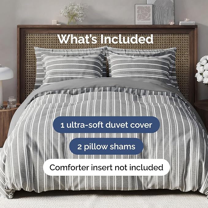 Duvet Cover Full Size Set - Extra Soft Full Duvet Cover 80" x 90" with 2 Pillow Shams for Women, Men, Kids & Teens - Hotel Luxury w/ Zipper Closures & Ties - Comfy, Cozy & Breathable (Grey Stripes)