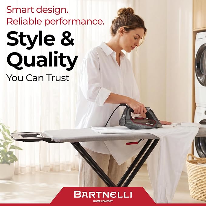 Bartnelli Extreme Stability Ironing Board 43x13 Upgraded Heavy-Duty Metal Frame & Iron Rest, Height Adjustable, Foldable, 4 Non-Skid Feet, 100% Cotton Cover, Made with Patent European Engineering