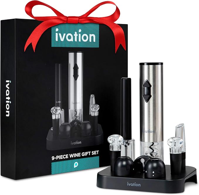 Ivation 9-Piece Wine Set | Electric Opener, Air Pump, Pourer with Aerator, Wine and Champagne Stoppers, Foil Cutter, and Stand.