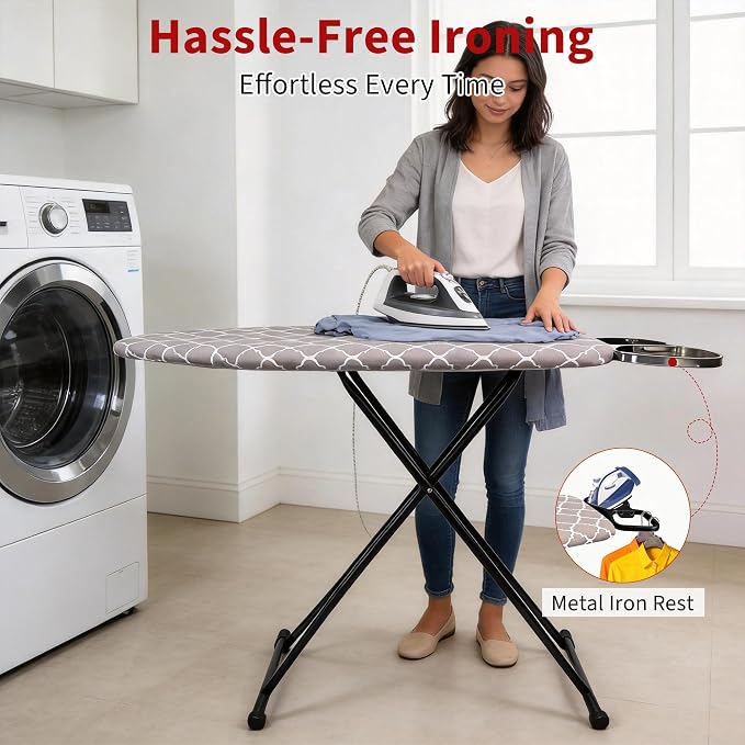 Ironing Board, 48"×15" with Iron Rest, 7 Adjustable Height 4 Layer & Sturdy | Extra Large Iron Board, Heat Resistant Cover and Pad for Home Apartment Dorm Laundry Room, Gray