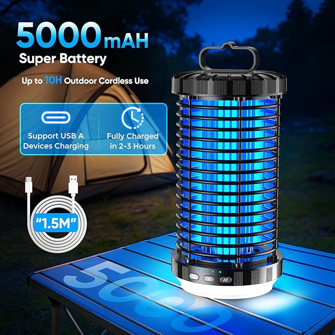 CreateFun Bug Zapper Outdoor, 2026 Upgraded 3 in 1 Rechargeable Bug Zapper with 5000mAh Battery & LED Night Light, 4000V Cordless Waterproof Mosquito Zapper for Outside,Patio,Backyard,Garden Black 01