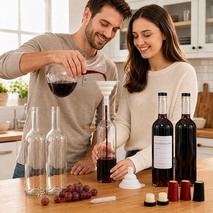 TBWIND 10 Pack 25oz (750ml) Clear Glass Wine Bottles with Airtight T-Top Corks & Shrink Capsules for Wine, Mead, Limoncello & Homebrewing, Includes Funnels & Brush