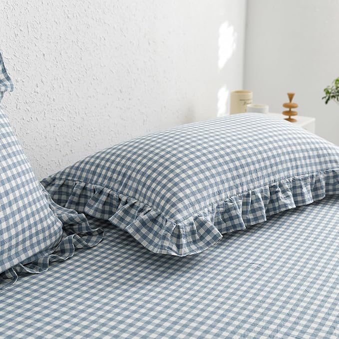 mixinni Blue White Gingham Ruffle Duvet Cover Twin Size 3 Pieces – 100% Washed Cotton, Vintage Plaid Ruffled Bedding Set with Zipper Ties, Soft Checkered Grid Farmhouse Chic Comforter Cover Set