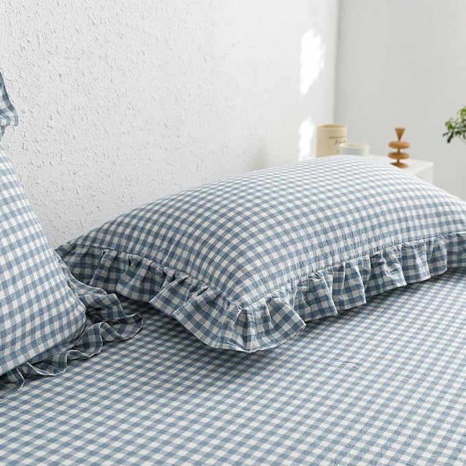 mixinni Blue White Gingham Ruffle Duvet Cover Queen Size 3 Pieces – 100% Washed Cotton, Vintage Plaid Ruffled Bedding Set with Zipper Ties, Soft Checkered Grid Farmhouse Chic Comforter Cover Set