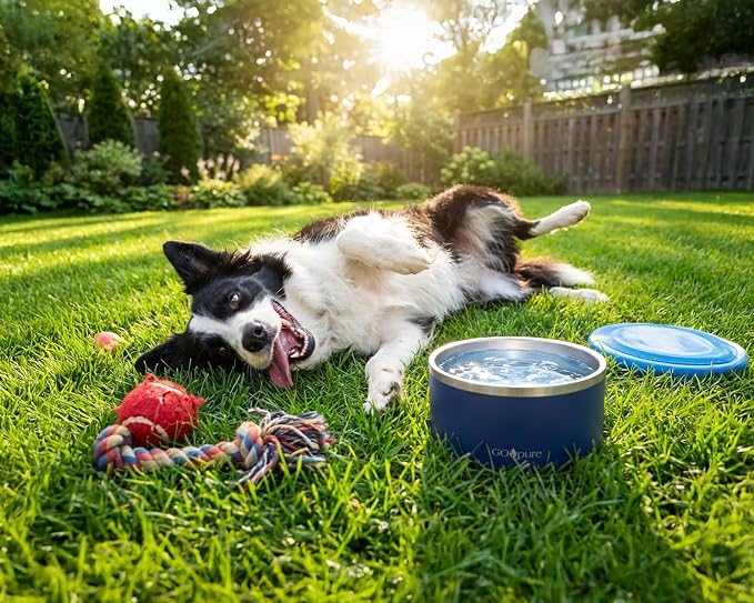 Filtered Pet Water Bowl – 64 oz Stainless Steel Dog & Cat Water Bowl with Ceramic Filter Included, Eco-Friendly Pet Water Bowl, Navy Blue