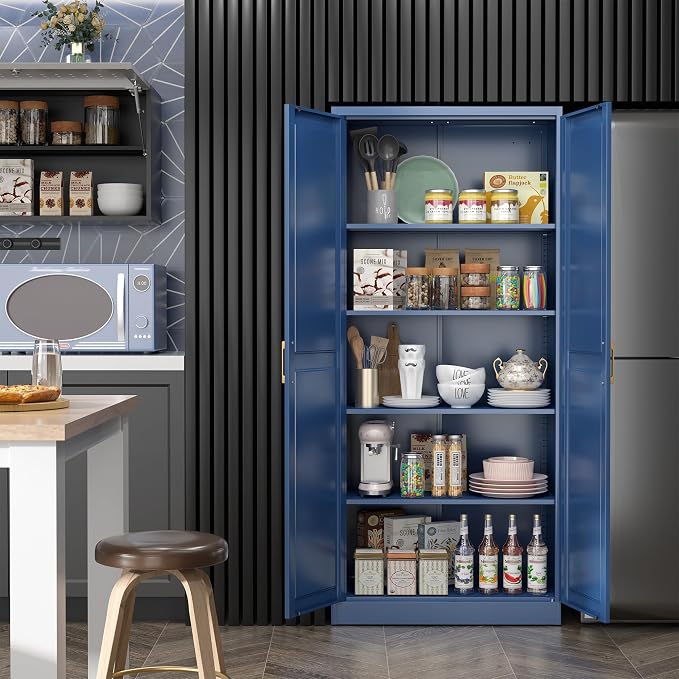 Steeloong 71"Metal Pantry Storage Cabinet with Doors & 4 Adjustable Shelves | Kitchen Pantry Cabinet,Blue Kitchen Cabinet with 2 Gold Handles,Tall Cabinet for Livingroom,Pantry, Bathroom,Kitchen,Garage