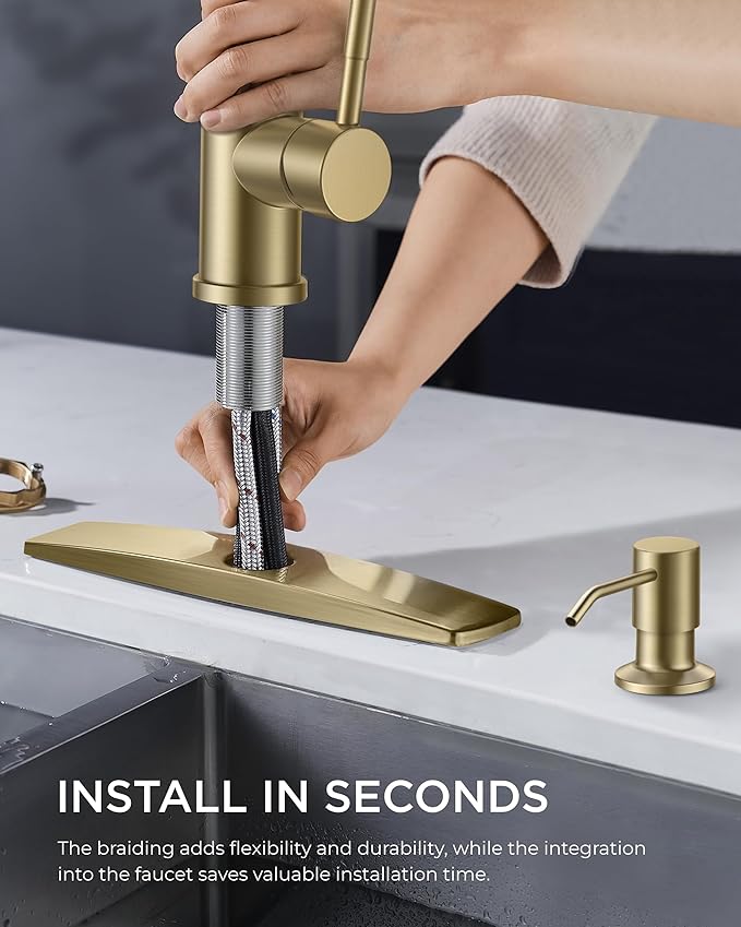 FORIOUS Gold Kitchen Faucet with Soap Dispenser and Pull Down Sprayer, Bar High Arc Single Handle Classic 3 Modes Stainless Steel Faucet for Kitchen Sink Farmhouse RV Laundry Camper
