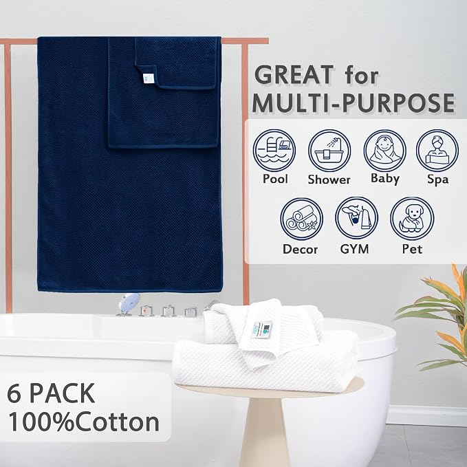 VOOVA & MOVAS 6PC Towel Set, 100% Cotton, Blue White | 2 Large Bath 30x56 In, 2 Hand 18x28 In, 2 Washcloths 13x13 In, Quick Dry, Soft, Thick, Bathroom Essentials