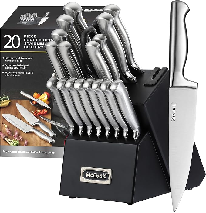 McCook Knife Set Sharp Kitchen Knife Block Set w Built-in Sharpener | German Forged Stainless Steel, 20 PC,Razor Sharp,Anti-Rust,Restaurant Grade,Ergonomic Handle,Full Tang, Gift Box