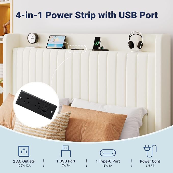 Allewie Queen Lift Up Storage Hydraulic Bed Frame,Charging Station,Cream | Storage Shelf Headboard with Charging Station,Type-C,USB Ports,Hydraulic Support,Velvet Upholstered,No Box Spring Needed