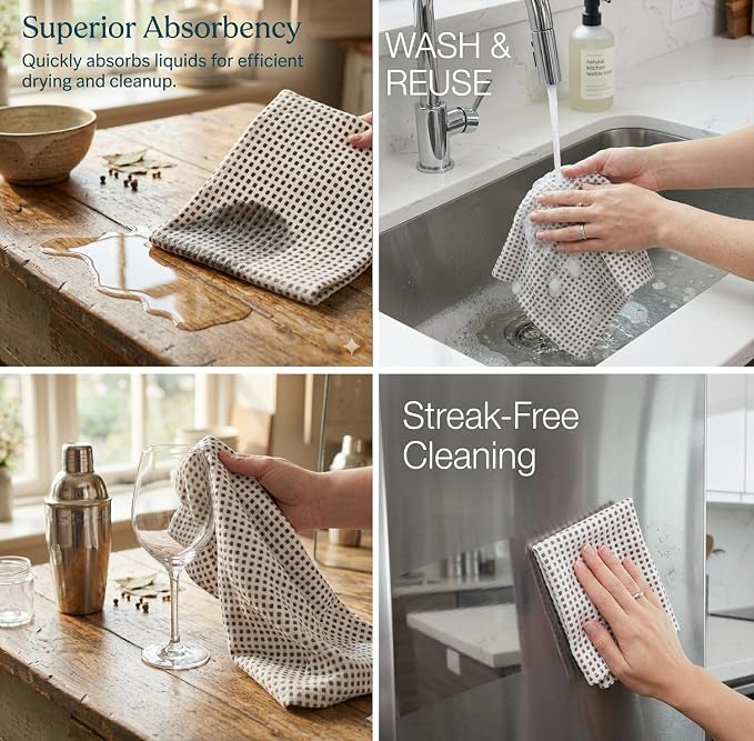 Urban Villa Christmas Dot Check Kitchen Towels Set of 6 20X30 Inches 100% Cotton Highly Absorbent Kitchen Towels Premium Quality Ultra Soft Mitered Corners Towels Grey/White