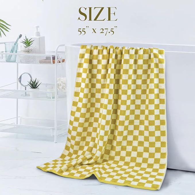 Jacquotha Luxury Bath Towels - Pack of 2, Mustard Yellow Checkered | Cotton Fall Bathroom Towels Sets for Body Drying 55x27.5 Inches
