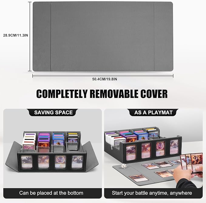 Kabinka Trading Card Storage Box with Commander Display, 4-Row Deck Case with Removable Lid; 2400+ Card Deck Box for MTG TCG Sports Card, 4 Top Loaders, 4 Stoppers, 24 Dividers,1 Dice Bag (Black)