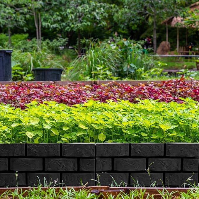 8 Pcs Black Imitation Stone Garden Fence, Faux Stone Retaining Wall Look Garden Bricks Border with Ground Stakes, 17.3 x 12.6 in Plastic Edging Blocks for Flower Beds, Lawn, Mulch