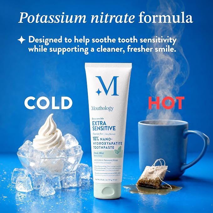 Mouthology Extra Sensitive Hydroxyapatite Toothpaste w/Potassium Nitrate | Extra sensitive relief with potassium nitrate + 10% nano hydroxyapatite. Fluoride free, SLS free, remineralizing. USA made.