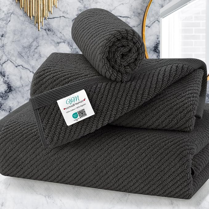 VOOVA & MOVAS 3PC Towel Set, 100% Cotton, Grey | 1 Large Bath 30x56 In, 1 Hand 18x28 In, 1 Wash Cloth 13x13 In, Quick Dry, Soft, Thick, Bathroom Essentials