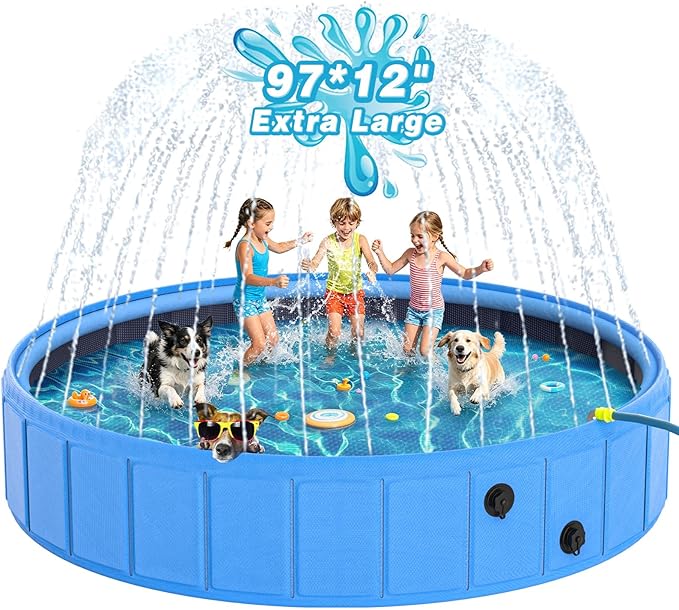 EPN Large Foldable Dog Pool – 0.55MM PVC 2-in-1 Portable Bathtub & Sprinkler for Dogs, Cats, Kids – Heavy Duty, Non-Slip, Summer Water Toy (97 in)