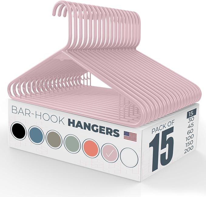 Plastic Hangers 15 Pack – Made in The USA – 6lb Capacity Standard Clothes Hangers with Strap Hooks for Dresses, Lingerie, Shirts, Pants, and Jackets – Pink