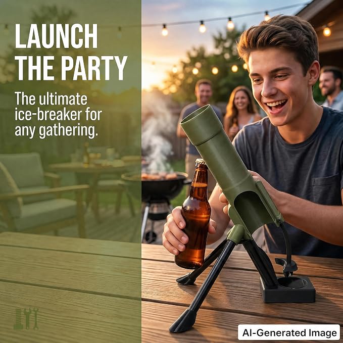 Mortar Bottle Opener Beer Cap Launcher for 12oz Bottles | 2.6In Wide Mortar Muzzle, 4 Adjustable Arms,Heavy Duty Military Bar Decor - Fun Gift for Men, Veterans, Dads