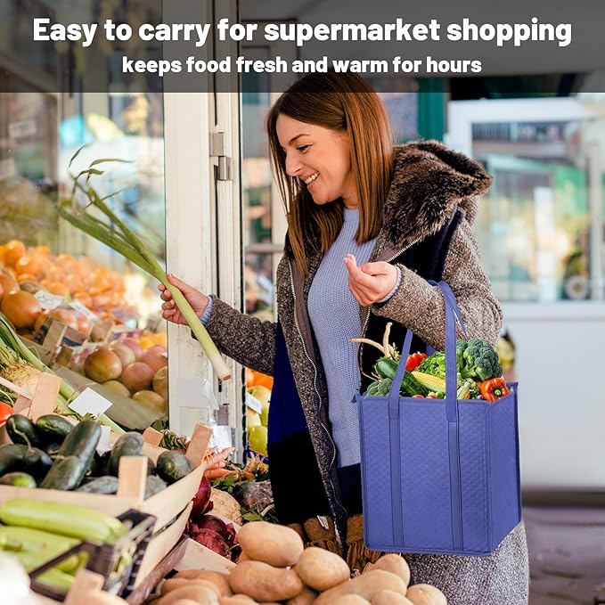 Reusable Grocery Bags 3 Pack Zippered Top Protable Cooler Bag Insulated Shopping Bags Foldable for Frozen Food, Groceries, Travel, Picnic, Camping&Beach Thermal Bag 12x7x13" with Comfort Handles