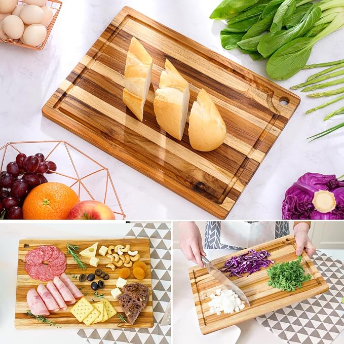 Teak Wood Board with Juice Groove & Hanging Hole (14x10x0.6") | Durable non-toxic wooden chopping & serving board for kitchen. Compact size, easy to hang & store. Gift box included
