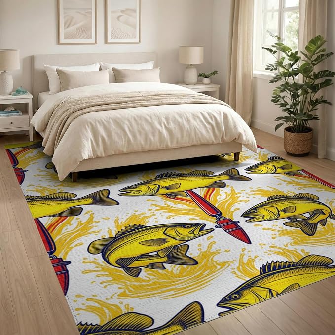 8'x10' Washable Area Rug Bass Splash Lure Bold Outlined Reel Tackle Motif Fish Fishing Refined Structured for King Size Bedroom, Master Suite, Under Bed, Foldable Easy Care
