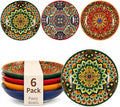 32 oz Pasta Bowls Set of 6, Large Ceramic Colorful Deep Plates, Bohemian Style Soup Salad Bowls, Dishwasher & Microwave Safe for Kitchen, Boho Vibrant Dinnerware