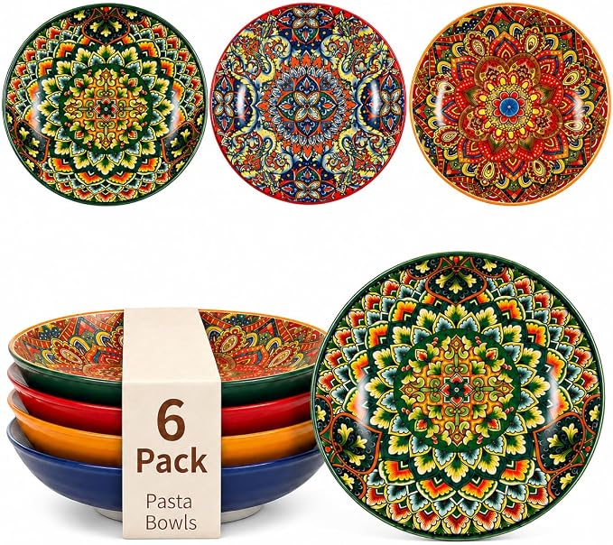 32 oz Pasta Bowls Set of 6, Large Ceramic Colorful Deep Plates, Bohemian Style Soup Salad Bowls, Dishwasher & Microwave Safe for Kitchen, Boho Vibrant Dinnerware