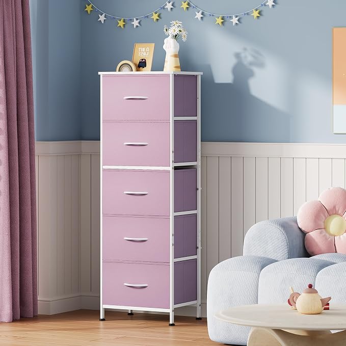 WLIVE Fabric Dresser for Bedroom, 5-Drawer Tall Dressers, Storage Organizer with Fabric Bins, Wood Top, Sturdy Steel Frame, Chest of Drawers for Closet, Hallway, Cloudy Pink
