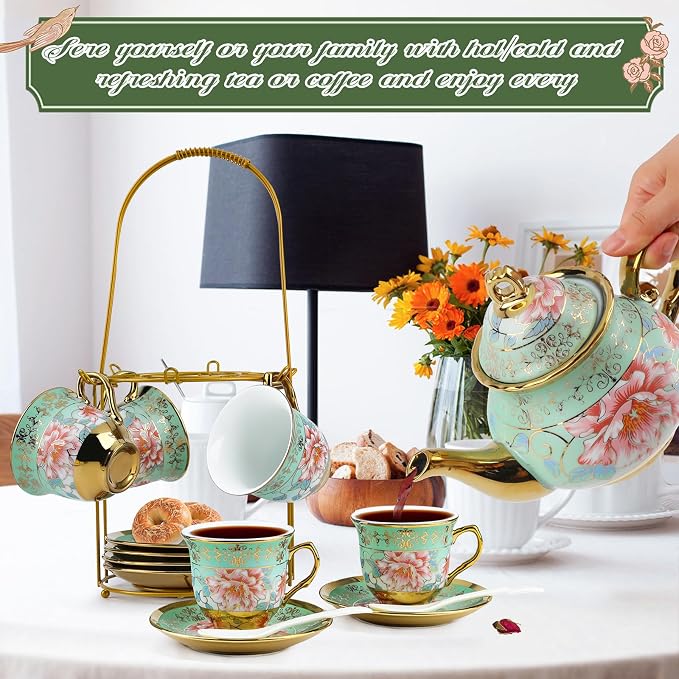 20 Pcs Porcelain Tea Set with Metal Holder and Spoon, European Ceramic Tea Set for Adults, European Flower Painting Teapot Cup Saucer Spoon Set for 6, Gift Pack