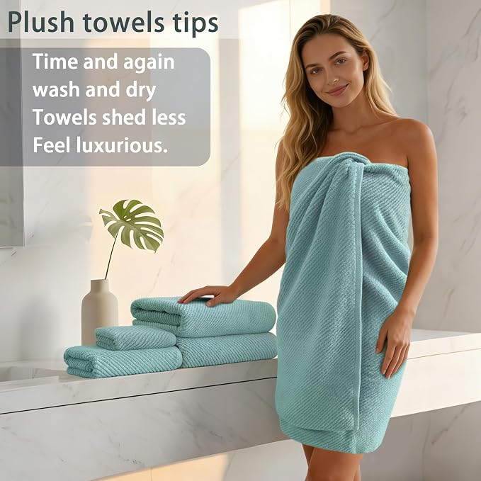 VOOVA & MOVAS 3PC Towel Set, 100% Cotton, Aqua Teal | 1 Large Bath 30x56 In, 1 Hand 18x28 In, 1 Wash Cloth 13x13 In, Quick Dry, Soft, Thick, Bathroom Essentials
