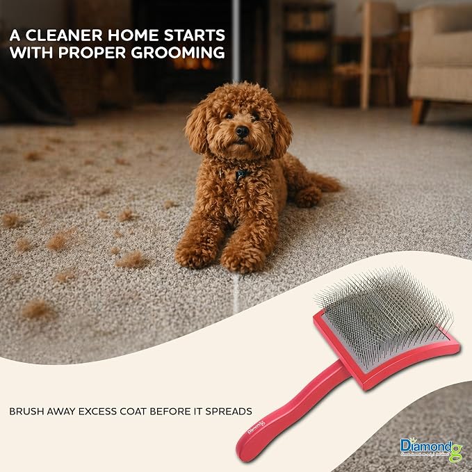Diamondg Pet Slicker Brush for Dogs & Cats – Professional Grooming Brush for Shedding, Detangling & Coat Maintenance, Gentle Fine Wire Pins, Ergonomic Handle, Red