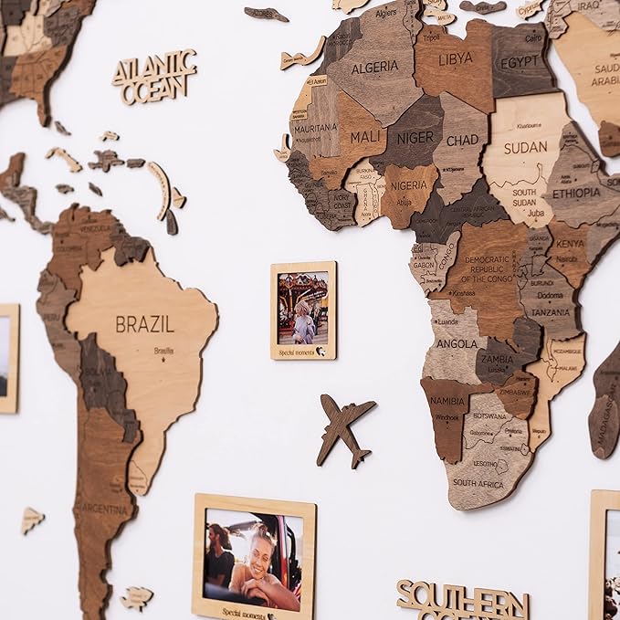 Enjoy The Wood 3D Wooden World Map Wall Art - Large Travel Map with Pins for Art Decor - Decorative Map of the World for Home, Office - Travel Wall Art Housewarming Gift Idea (Photo Frames, Pins)