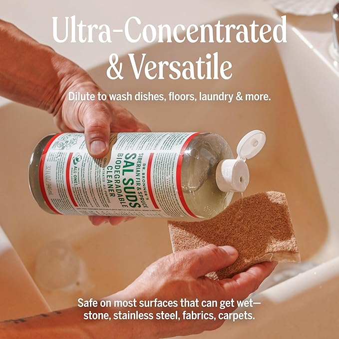 Dr. Bronner's Sal Suds Biodegradable Cleaner (32 Ounce, 2-Pack) – All-Purpose Mop Detergent for Floors, Kitchen & Bathroom, Multi-Surface Household Concentrate, Dish Degreaser & Laundry Use