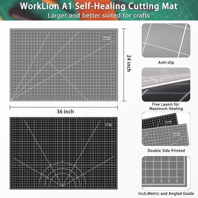 Self Healing Cutting Mat 24''x36'': Double-Sided 5-Ply Craft Cutting Board with Grid - Slip-Resistant Large Cutting Mat for Sewing, Fabric,Quilting, Crafts & Hobbies(Grey/Black)