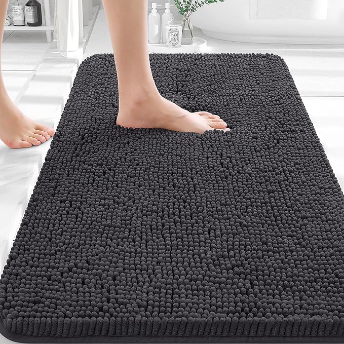 OLANLY Bathroom Rugs 30x18, Extra Soft Absorbent Chenille Bath Rugs, Rubber Backing Quick Dry, Machine Washable Bath Mats for Bathroom Floor, Tub and Shower, Home Decor Accessories, Dark Grey