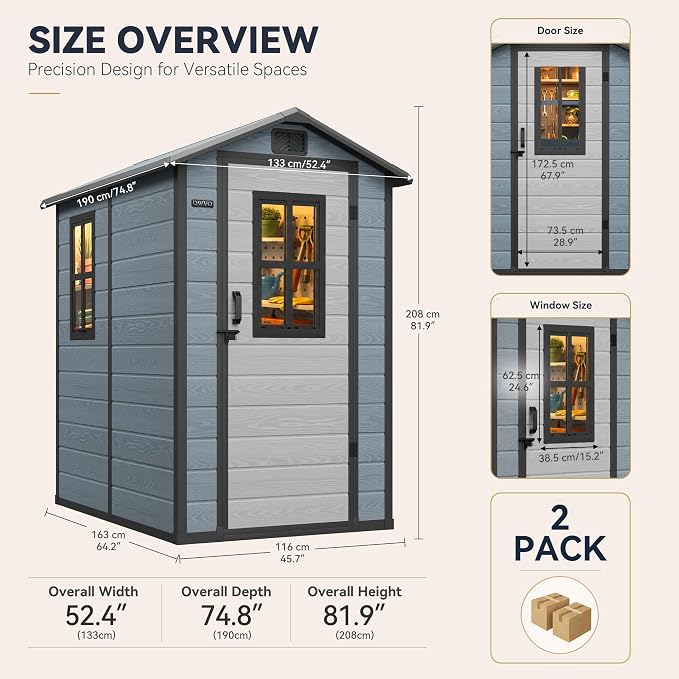 DWVO Outdoor Storage Shed 4.4×6FT, Plastic Garden Resin Shed with 2 Windows, Reinforced Floor, Door Handle, Door Lock & Vents, Outdoor Tool Shed for Backyard Patio, Stores Bike Garden Tools, Blue-Gray