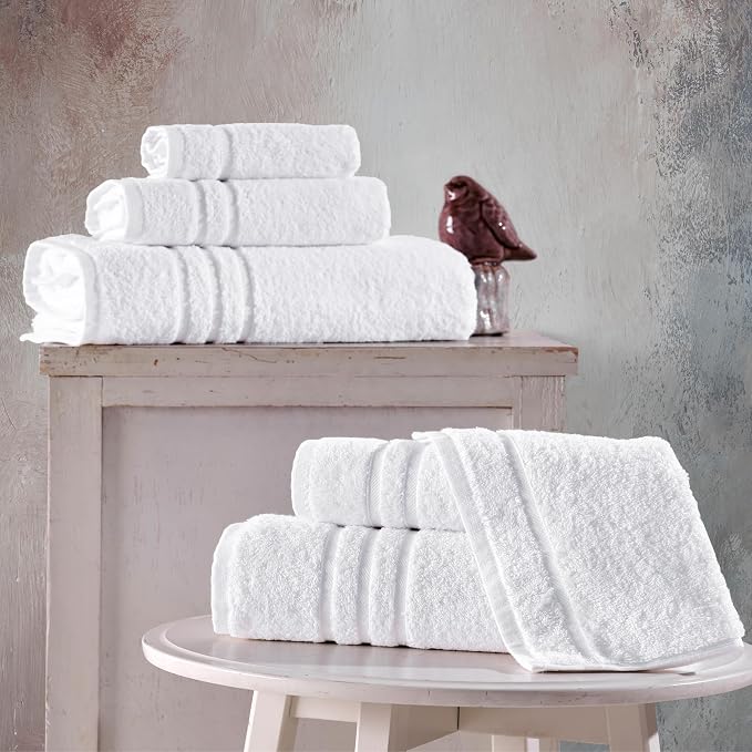 Hawmam Linen White 6 Piece Bath Towels Set for Bathroom Original Turkish Cotton Soft, Absorbent and Premium 2 Bath Towels, 2 Hand Towels, 2 Washcloths