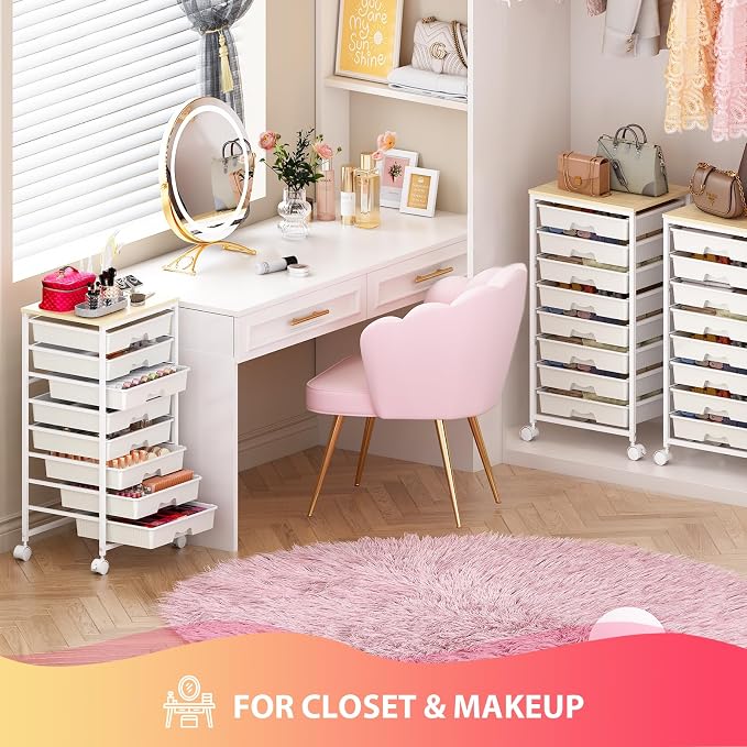 Goovilla Rolling Cart with Drawers, Utility Cart Organizer With 8 Removable Drawers and Wooden Tabletop, Lockable Rolling Storage Organizer for Art, Classroom, Home, Dorm, Office, Craft Storage, White