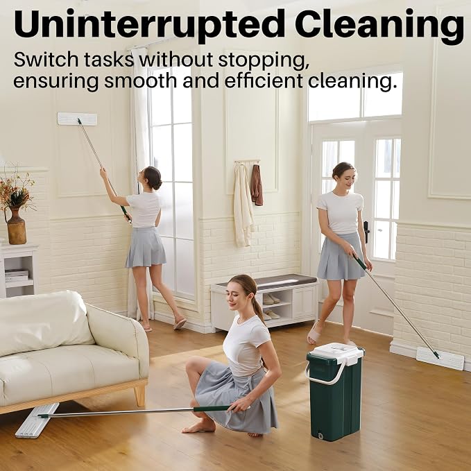 JOYMOOP Commercial Mop and Bucket Set, 17.7-inch Dust Mops for Floor Cleaning, Flat Mop Bucket with Wringer, Include 3 Reusable Microfiber Mop Pads - Forest Green
