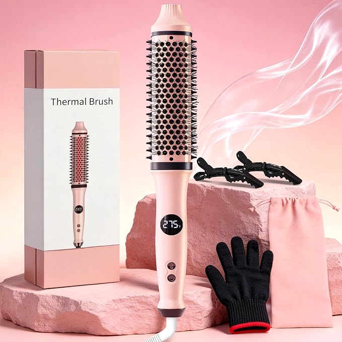 Thermal Brush, Infrared Heated Round Brush with 100M Negative Ions, Hot Brush for Volume, Curling & Straightening, 5 Heat Settings, Dual Voltage Hair Styler, Anti-Frizz Shine, All Hair Types-Pink