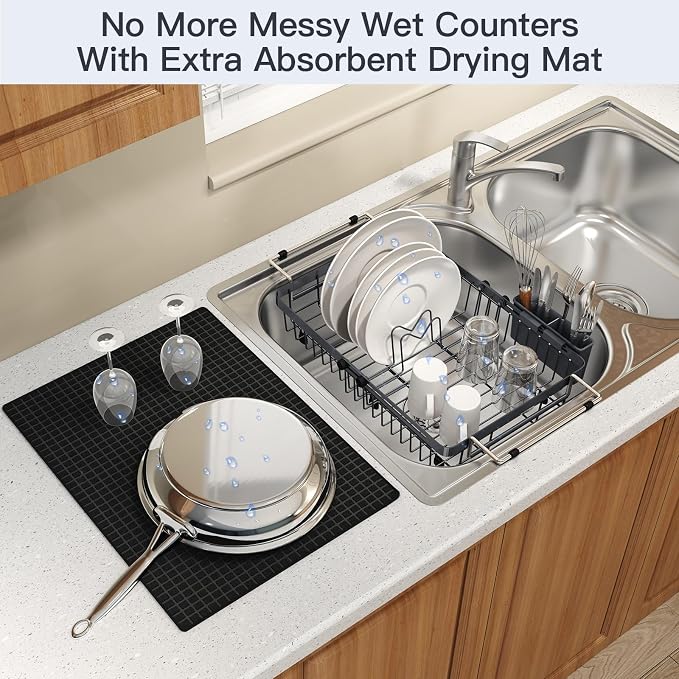 Grey Dish Drying Rack Over The Sink with Utensil Holder, Mat | Expandable Stainless Steel Dish Drainer for Small Kitchen, Apartment, RV, Counter Space Saving, Perfect Fit, Rustproof