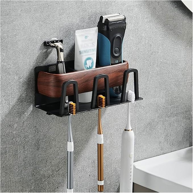Toothbrush Rack Wall Mounted Wood Grain Toothbrush Holder Multifunctional Storage Rack Bathroom Toothpaste Holder with Hook Accessories Bathroom Toothbrush Holder(Medium)