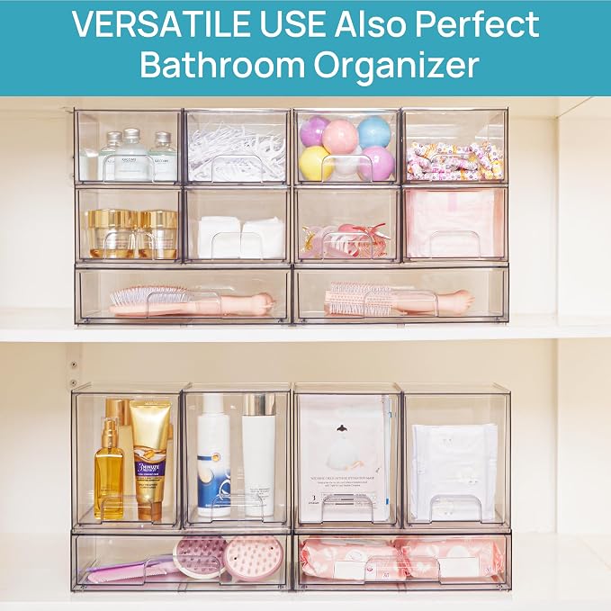 Vtopmart 7.6" H Clear Stackable Storage Drawers, 4 Pack Plastic Organizers Bins for Skincare, Cosmetics,Beauty Supplies,Ideal for Vanity, Bathroom,Kitchen Countertop,Cabinet Organization