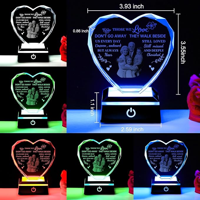 ZHSHWAT Personalized Photo Heart-Shaped Crystal Memorial Night Light - Sympathy Gift for Loss of Loved One, Bereavement Remembrance Decor for Desk, Nightstand, Funeral