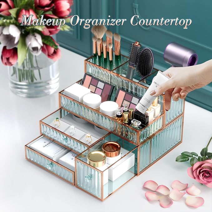 Youdepot Makeup Organizer Countertop - Tempered Glass Vanity Organizer for Cosmetics, Skincare, Hair Tools, Brushes, Perfume - Multipurpose Bathroom Counter Skincare Organizer