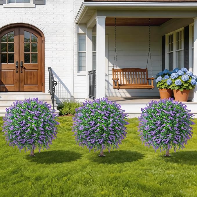 Artificial Lavender Ball Topiary Trees, 4 Pack | Ground Spike, No-Fade UV Resistant, Round Fake Plants, Outdoor Garden Yard Patio Decor