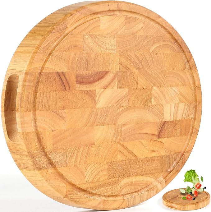 End Grain Cutting Board, Extra Large & Thick, End Grain Built-In Compartment and Juice Canal, Heavy Duty Chopping Board, Thick Carving Board for Bread Fruits Meat (13x13 Inches)
