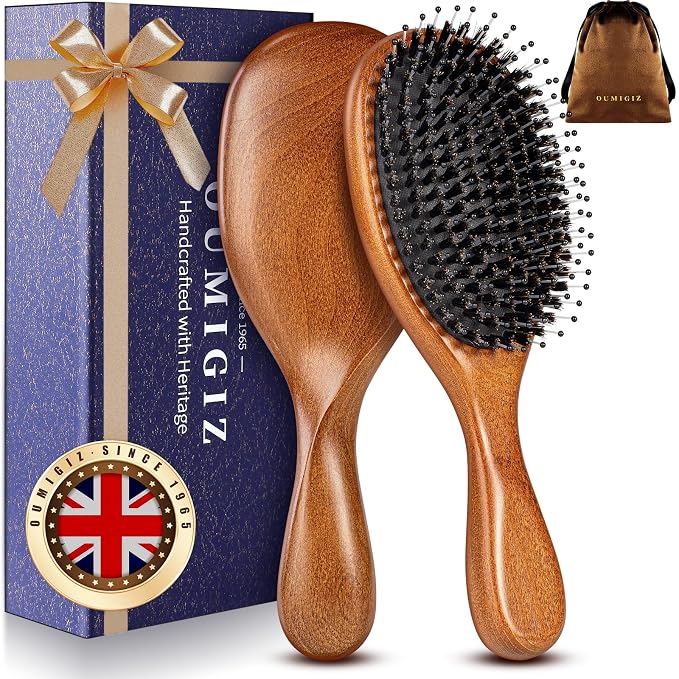 Boar Bristle Hair Brush Since 1965 British Craftsmanship Handmade | Natural Wood Slick Back Hairbrush, Gentle Detangling Women Men Kids Curly Thick Fine Frizzy Hair, Smoothing Styling Brush