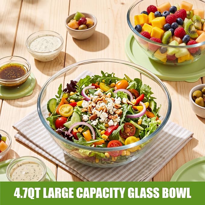 2 Pcs 4.75 Qt Glass Mixing Bowl with Lid Thickened Borosilicate Glass Bowl for Baking Sourdough, Meal Prep, Salad, Mixing, Microwave Storage Prepping Freezer Safe
